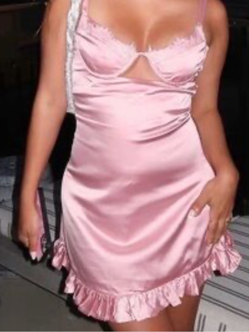 Peppermayo Pink Satin Lace Ruffle Slip Dress